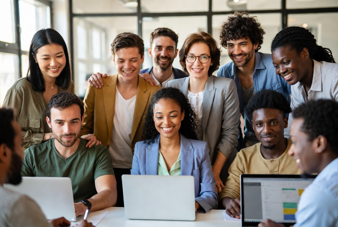 [4:3] Diverse group of programmers learning together + People of different backgrounds coding, collaborating, smiling + Realistic style, inclusive representation, positive atmosphere + Natural daylight, warm lighting, welcoming environment + Medium shot, group composition, inclusive framing + High quality, professional photography, authentic diversity