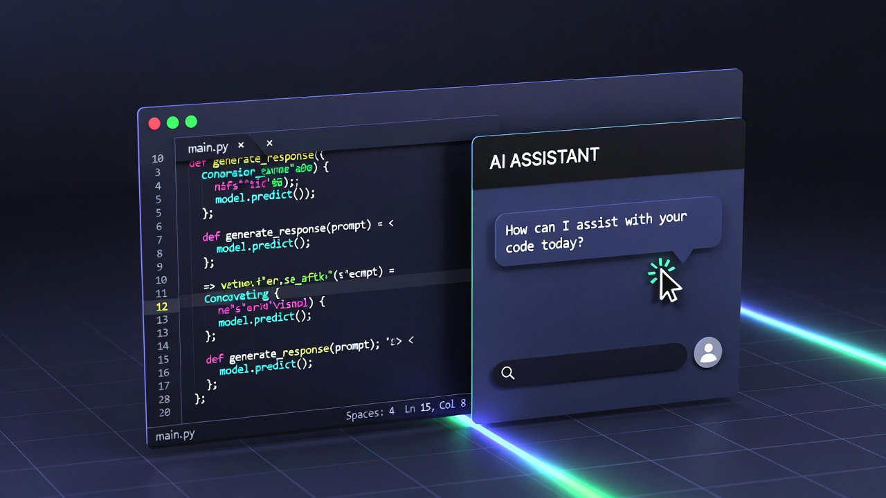 [16:9] Code editor with AI assistant + Screen showing code and AI chat interface, modern IDE + Tech aesthetic, dark theme, code visualization + Neon lighting, indigo and green accents, dark background + Wide angle, screen composition, developer workspace + High quality, detailed tech illustration, modern coding environment
